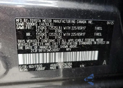 2025 Toyota Rav4 Le from USA, damaged, VIN 2T3F1RFV7SW538997